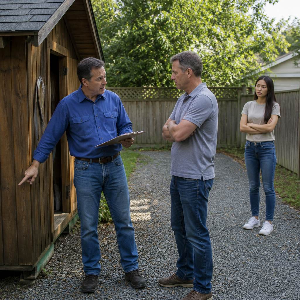 Two contractors arguing beside a small wooden shed in a backyard, a woman observing nearby.