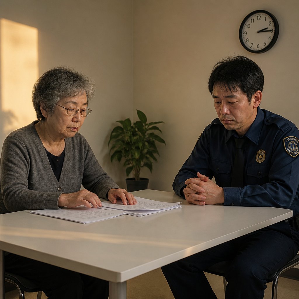 Older East Asian woman and security guard sit across a white table in an HR office during testimony.