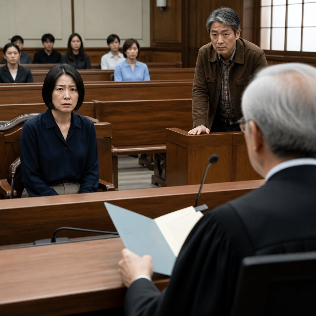 An East Asian woman with a black bob and a man in brown jacket sit in a courtroom, watching a judge holding papers and preparing to rule.