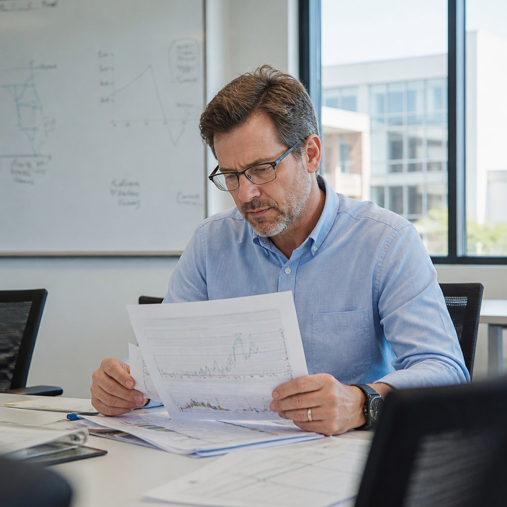 Man reviewing medical charts in hospital conference room, looking concerned about timing discrepancies