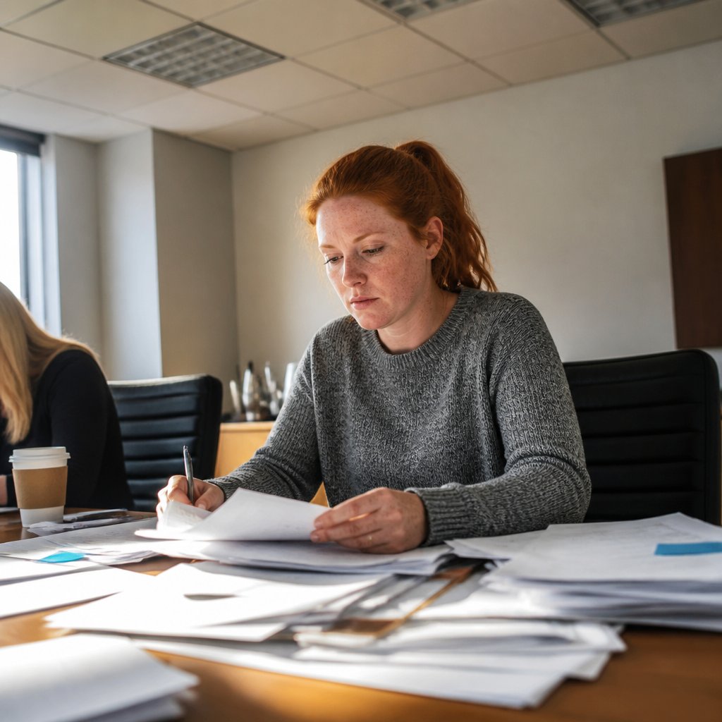 A young woman reviewing papers in a conference room, looking fatigued but determined.