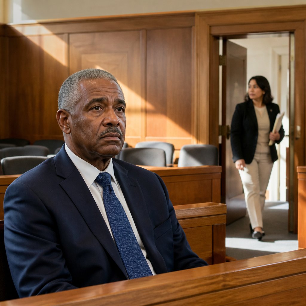 The protagonist sits tensely on a courtroom bench as a woman carrying documents enters the room.