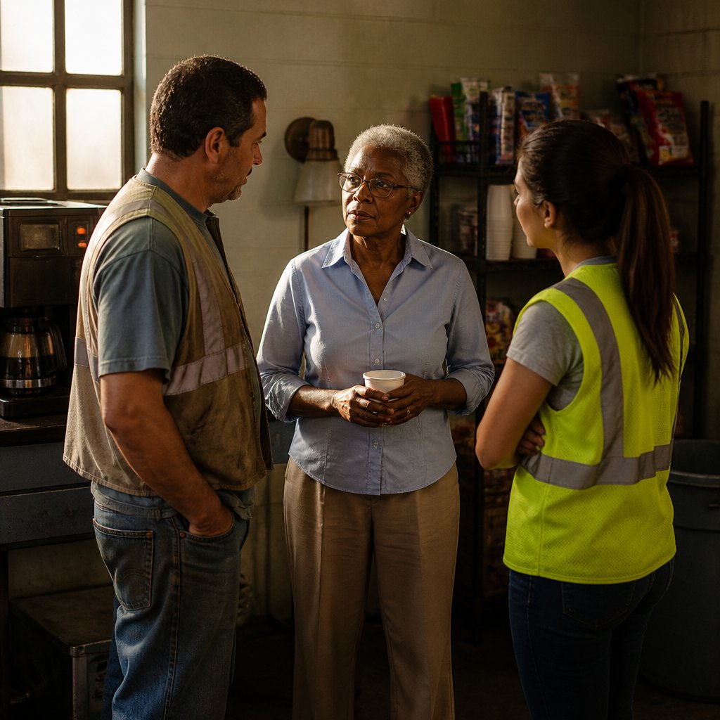 Black woman in her 60s talking quietly to two coworkers in a warehouse break room, all looking concerned.