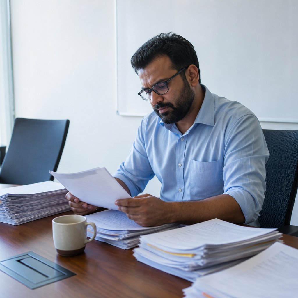 South Asian man reviewing hospital invoices at conference table
