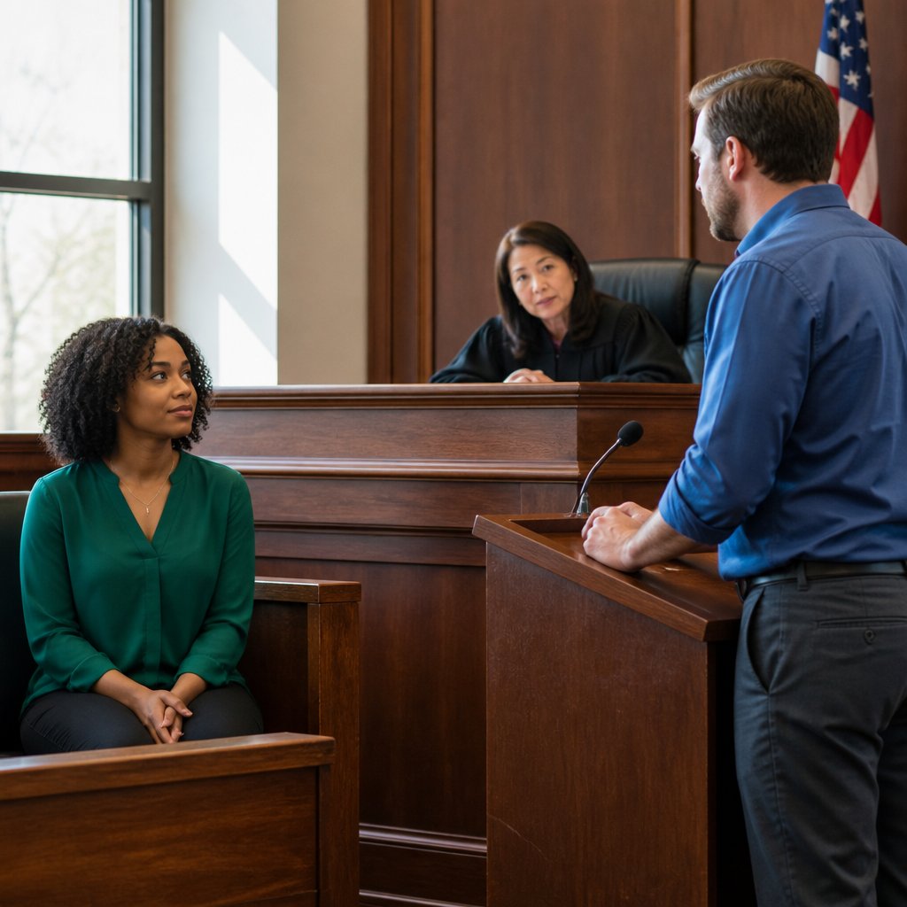 Black woman listening intently in courtroom as engineer stands nervously at witness stand, judge watches closely.