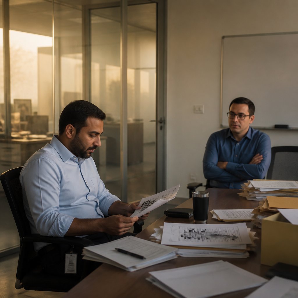 Man reviewing documents with colleague in glass-walled office, both focused and serious.