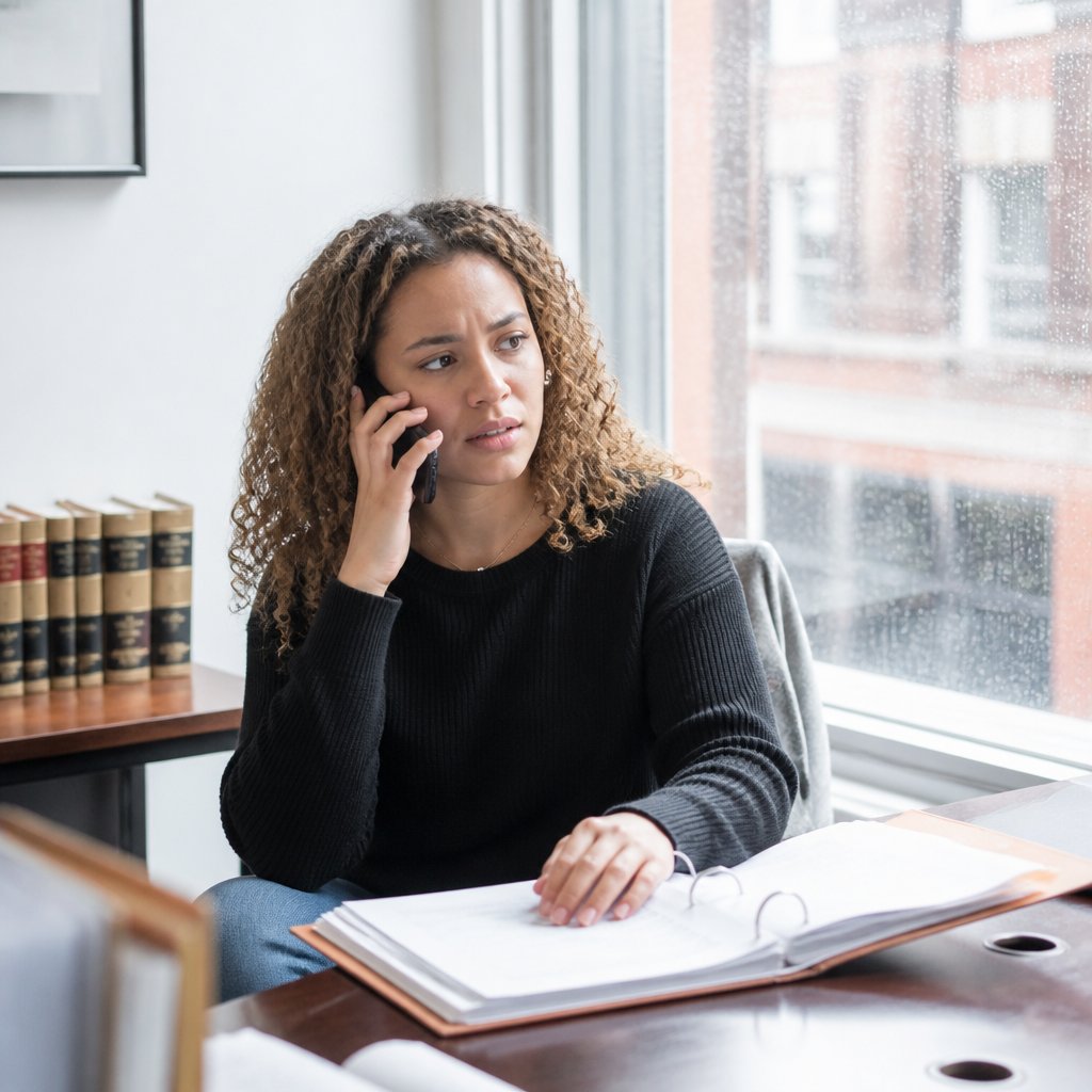 A young woman with curly hair listens seriously to a phone call in a modest office, rain visible outside the window.