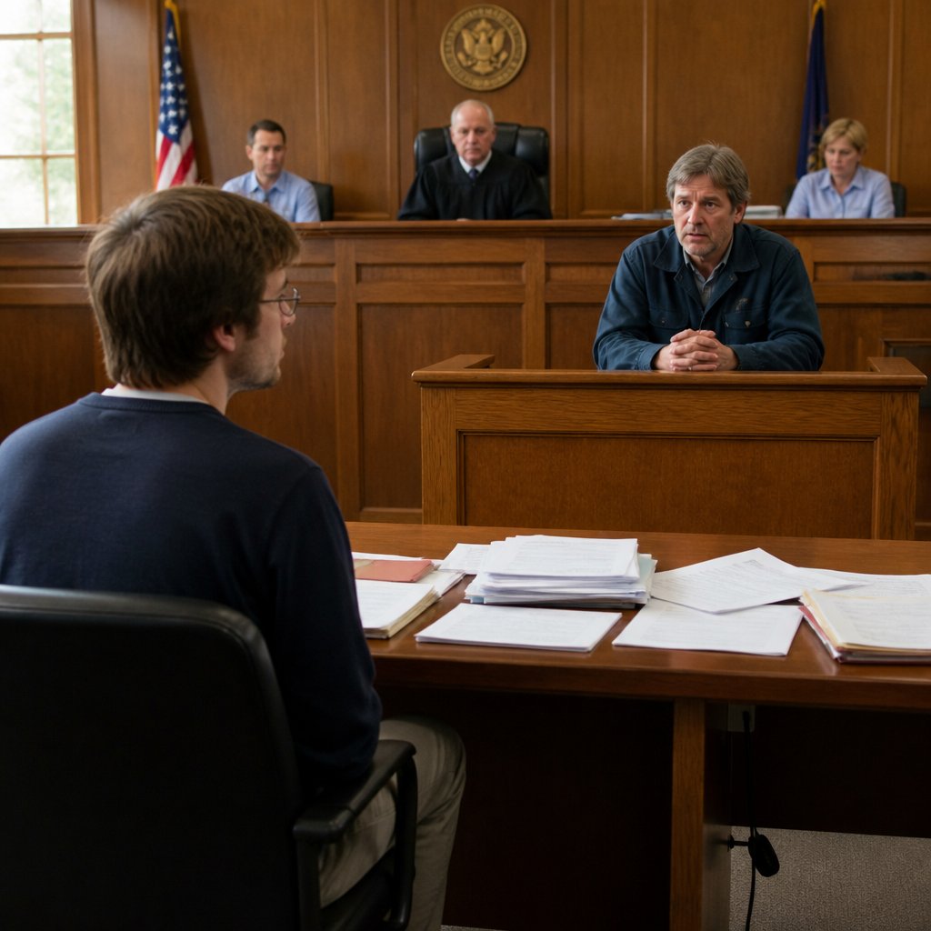 Former employee testifies in a courtroom while the plaintiff and judge listen attentively.