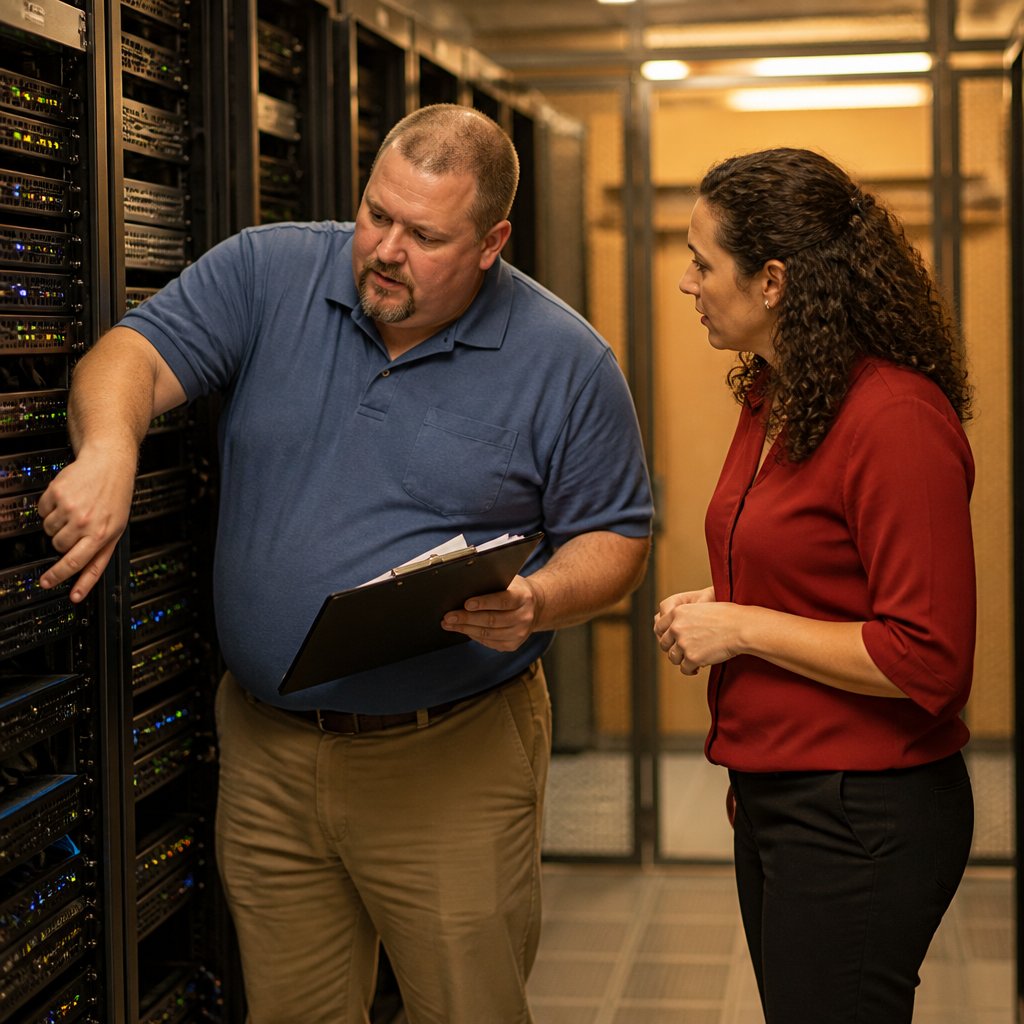 A heavyset white man with a buzzcut and goatee in blue polo leaning over servers, discussing with a woman in a red blouse in an IT server room.