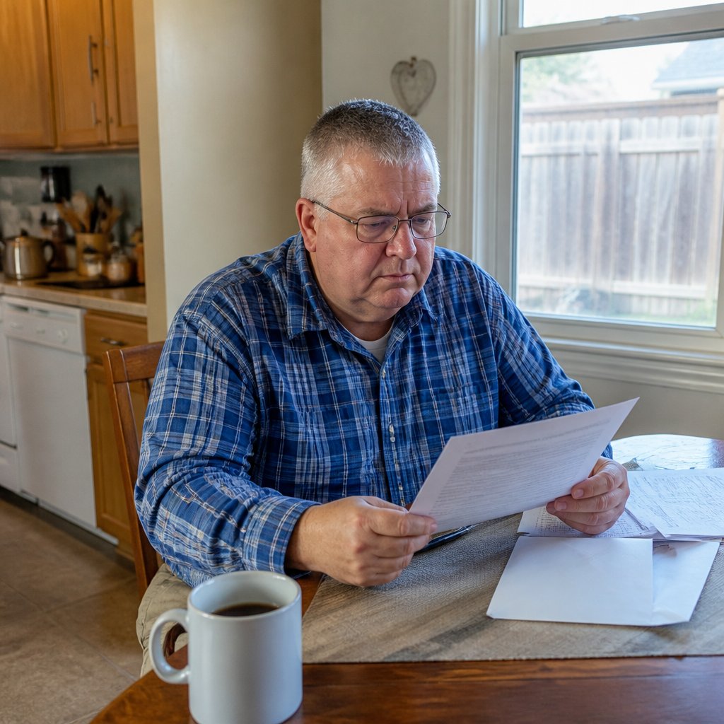 A man reviews legal documents at his kitchen table, looking worried.