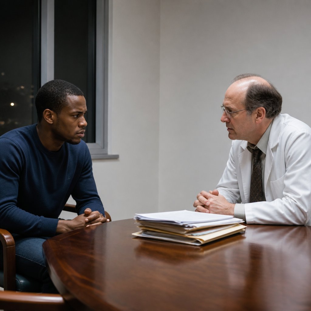 Two men sitting across a hospital conference room table, one in lab coat, the other in navy sweater, both serious and tense.