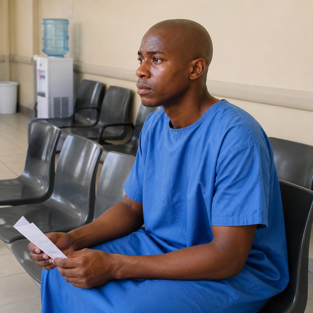 A young Black man in a blue hospital gown sitting nervously in a radiology waiting room.