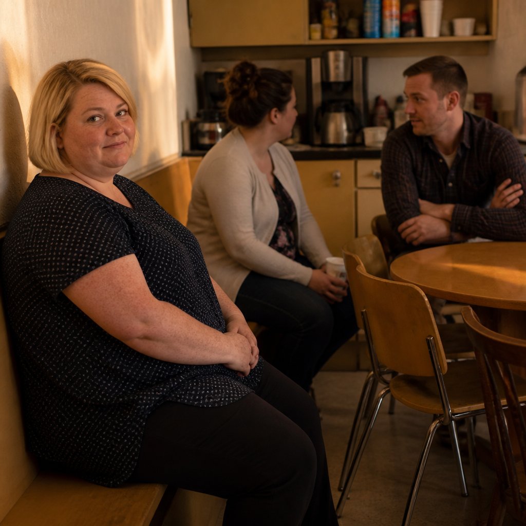Woman sitting alone in break room while coworkers whisper nearby.