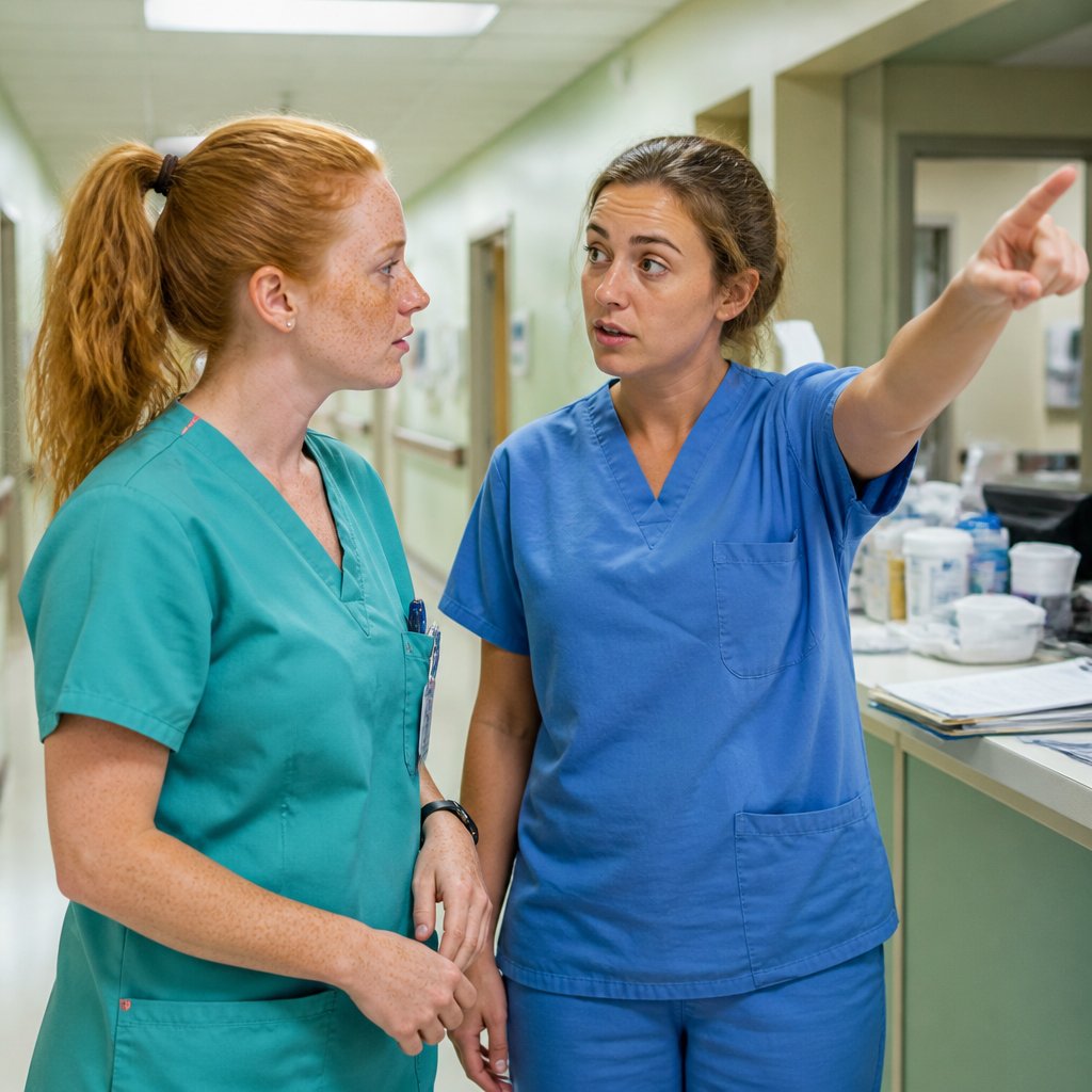 Freckled woman in scrubs listening to nurse in hospital hallway