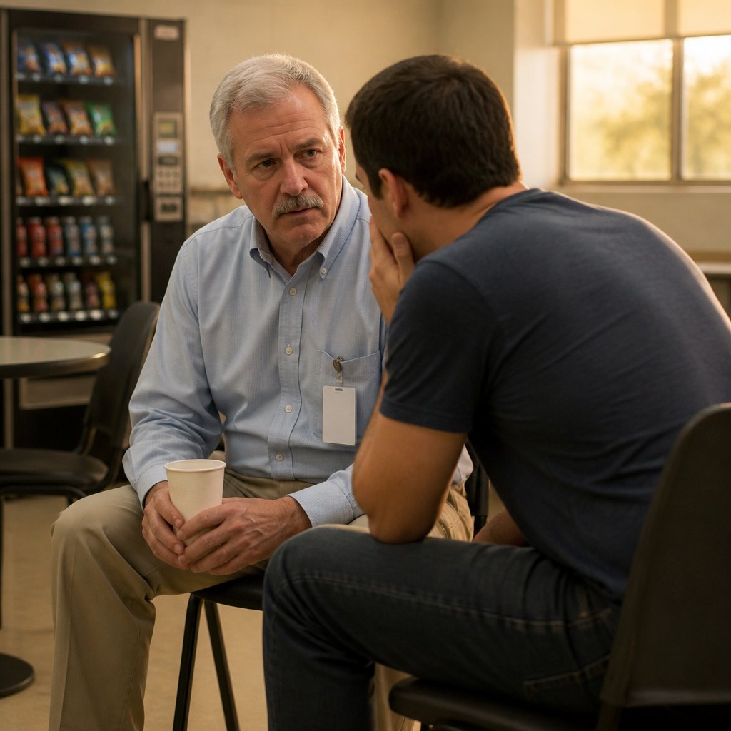 An older white man with silver hair and mustache listening intently to a younger man in a break room.