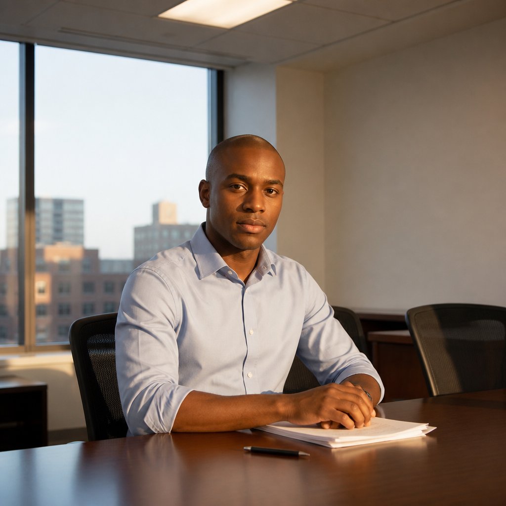 Black man in blue shirt sitting at conference room table surrounded by papers, looking serious.