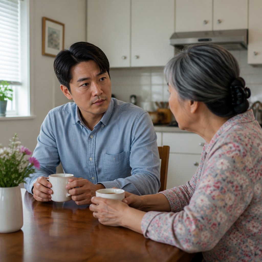 Man and older woman seated at kitchen table discussing financial concerns, both appearing worried.