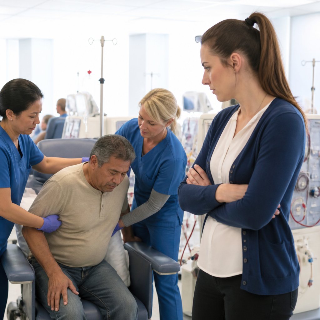 Nurse and patient in dialysis center after emergency, woman standing with arms crossed looking tense