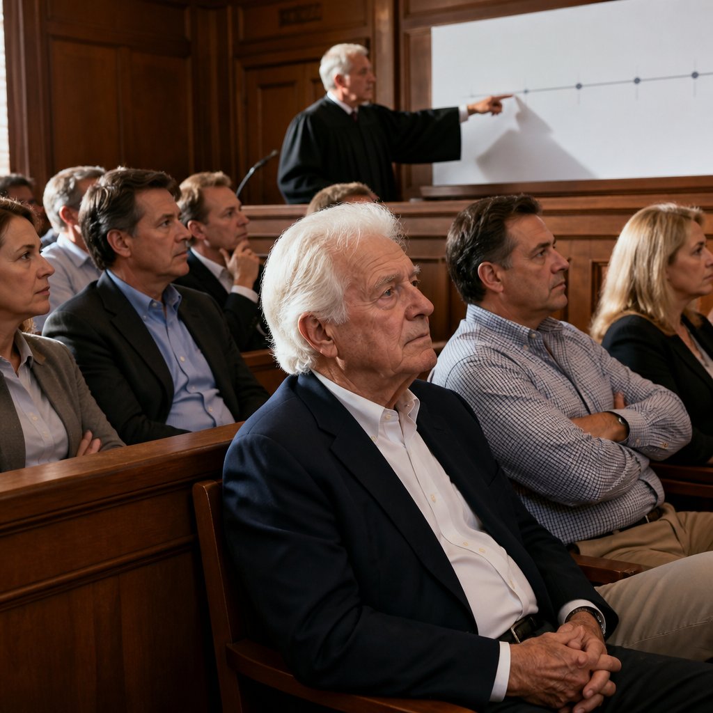 Older man looks tense in a courtroom as judge points at a screen with timeline and missing data.