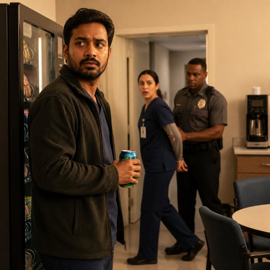 Man watching as a female colleague in navy scrubs is escorted out by security past the break room.