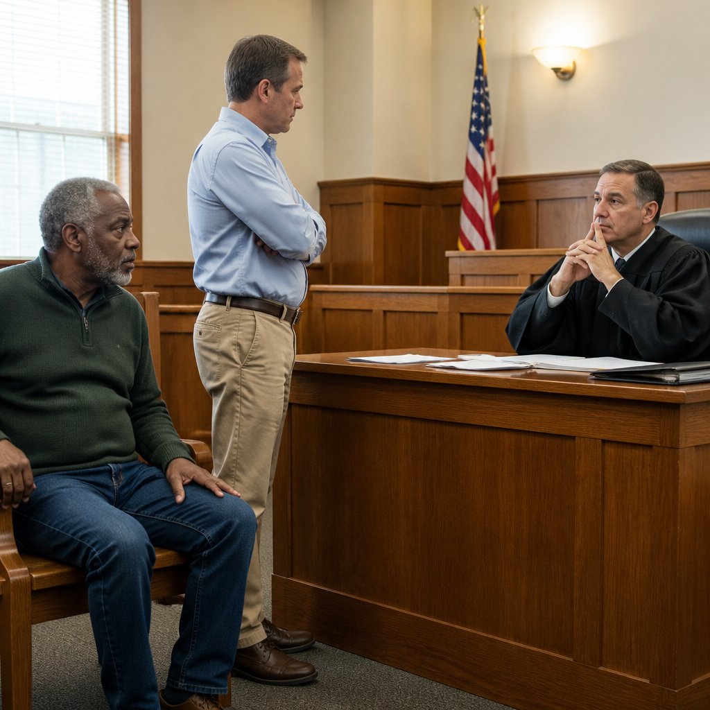 Black man in dark green sweater sitting tensely in a courtroom, facing a judge who looks thoughtful while a man in blue shirt stands nearby.