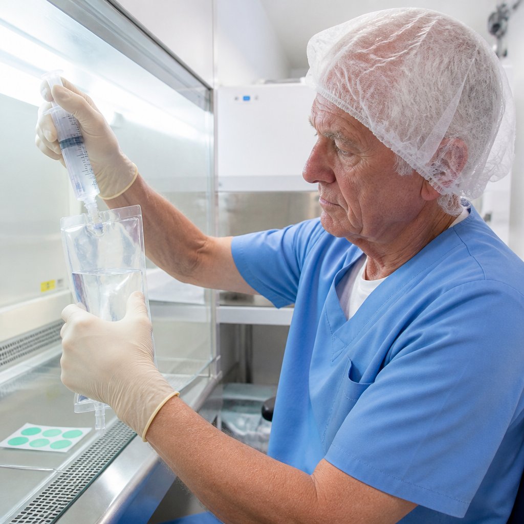 Pharmacy technician drawing potassium chloride into infusion bag inside a cleanroom, with green OK sticker visible.