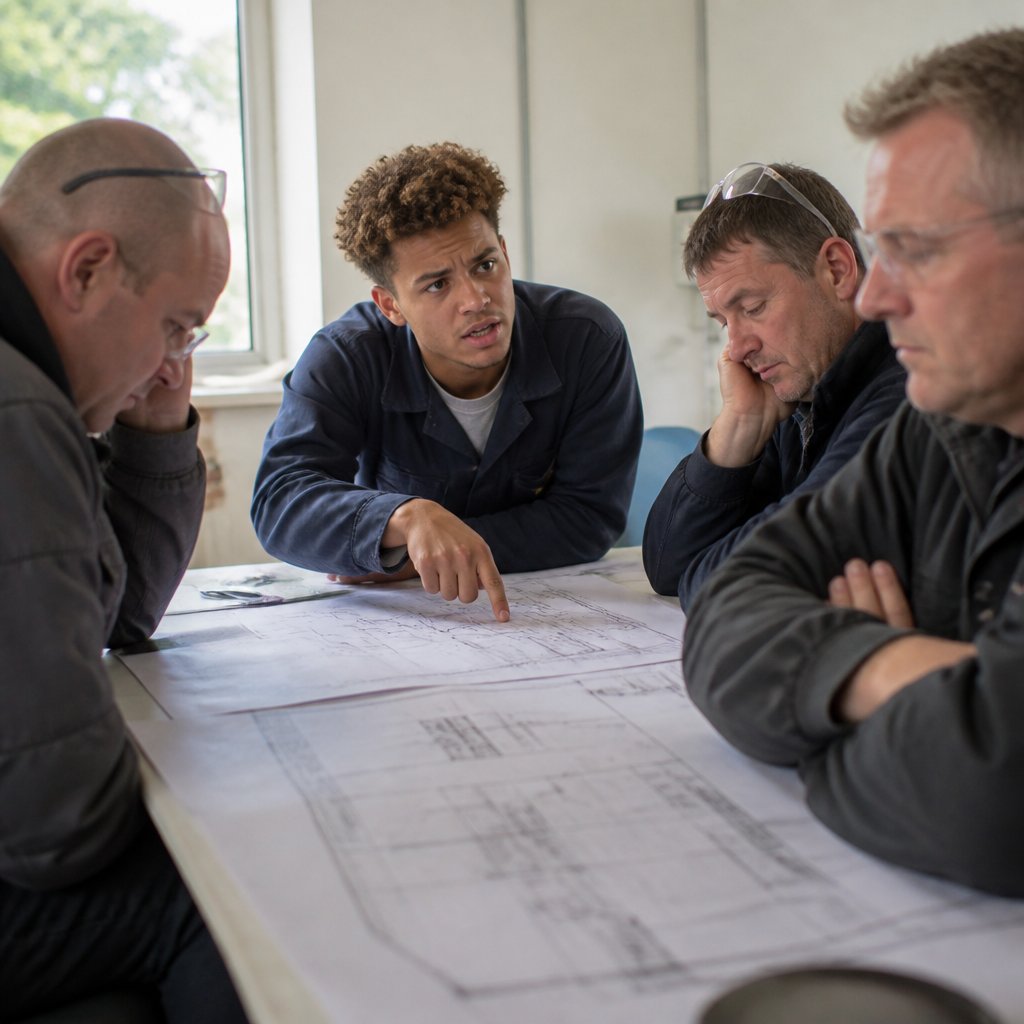 A young man in a blue shirt sits among three men in work jackets around a table with wiring diagrams, tension evident in the room.