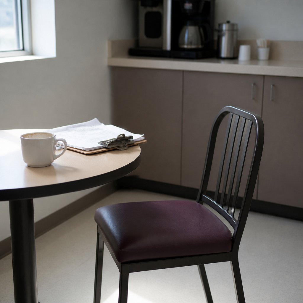 Empty break room chair beside table with forgotten coffee cup and clipboard.