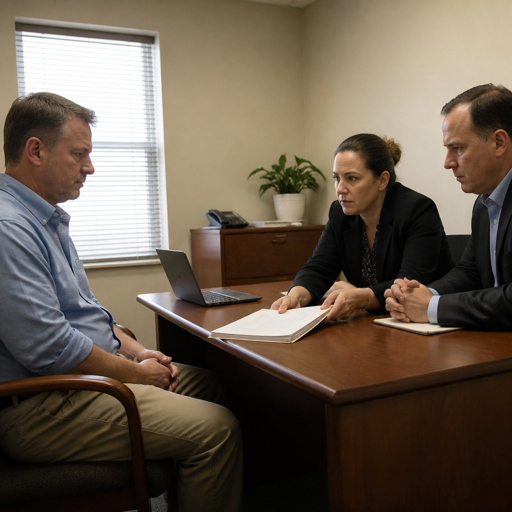 Man in blue shirt sits tensely across from HR director and outside counsel in small HR office.