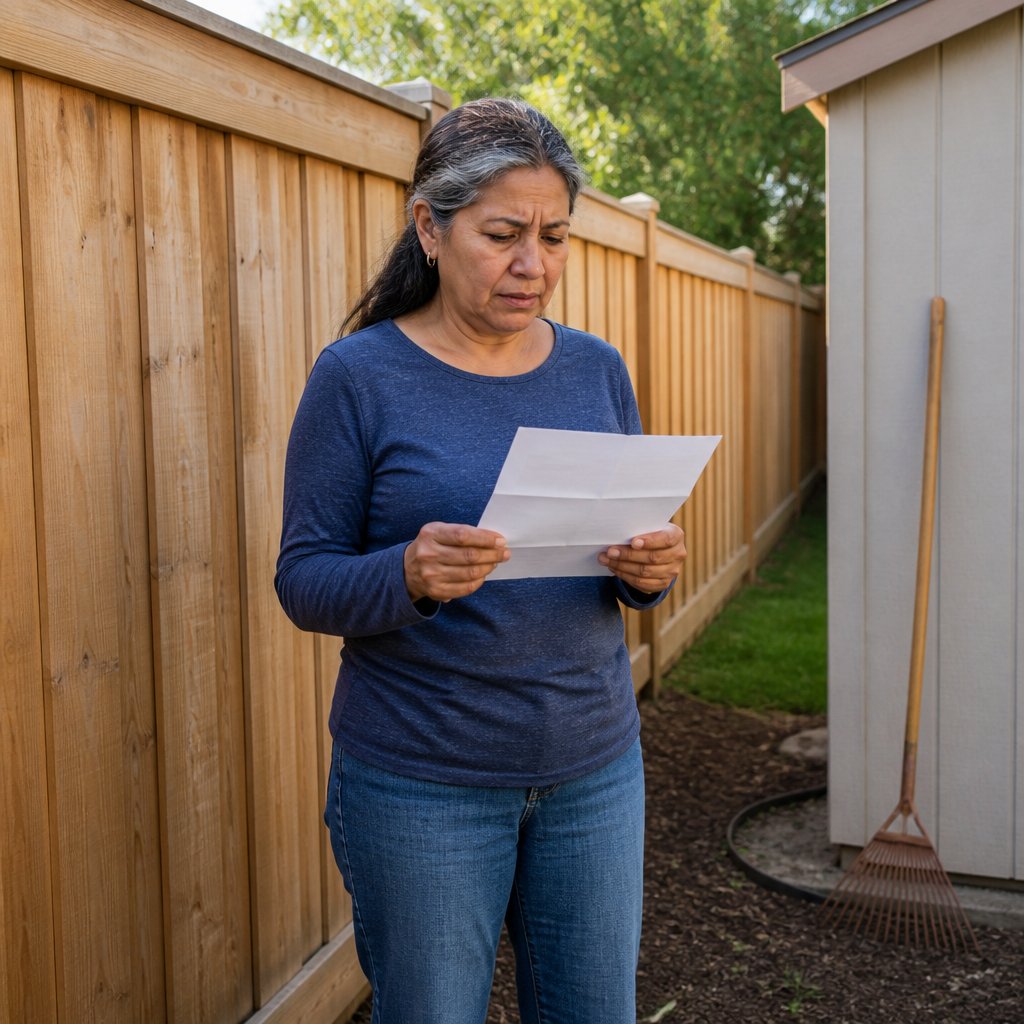 Woman reading a letter beside a clean fence and garden rake in a yard.