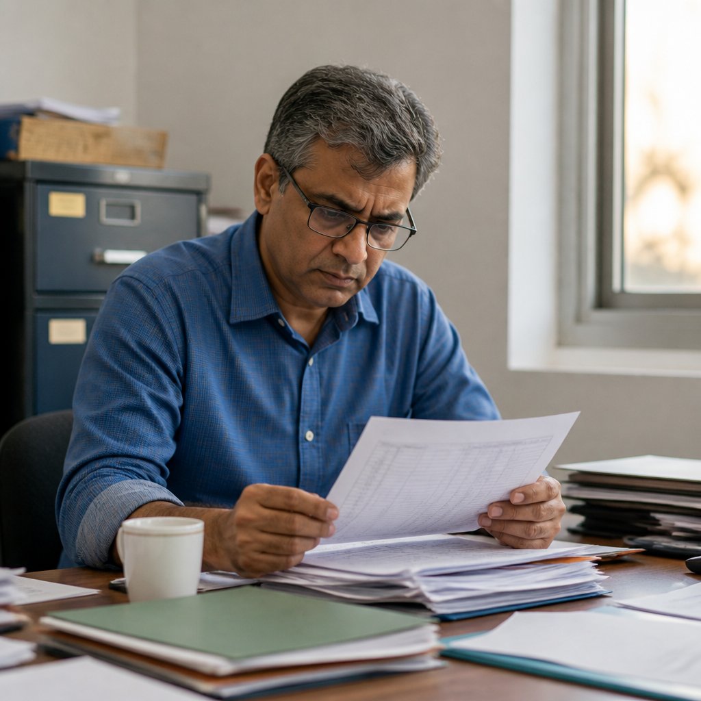 Man reading a printed report at a desk in an office