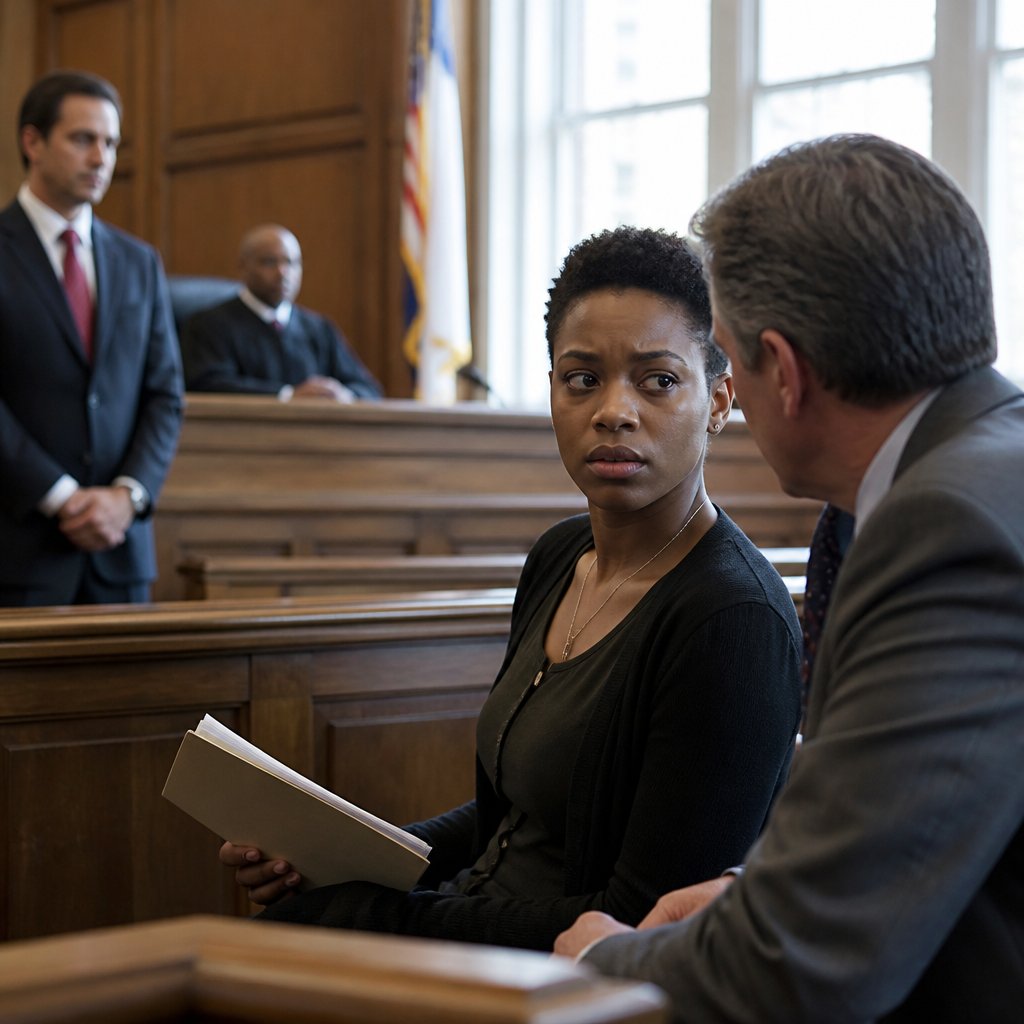 Black woman with short hair on courtroom bench holding papers, beside her a man in suit, judge's bench in background