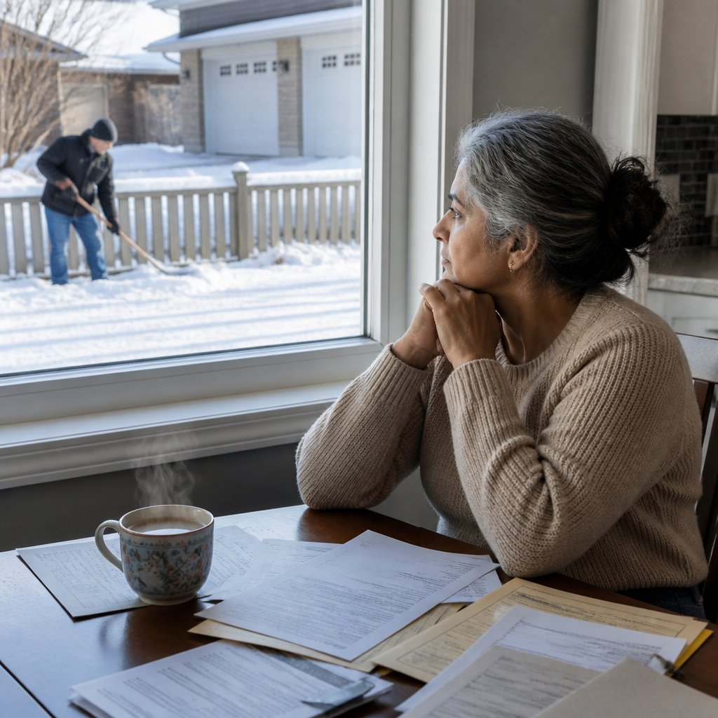 Woman in beige sweater seated at kitchen table looking out window at man raking snow outside.