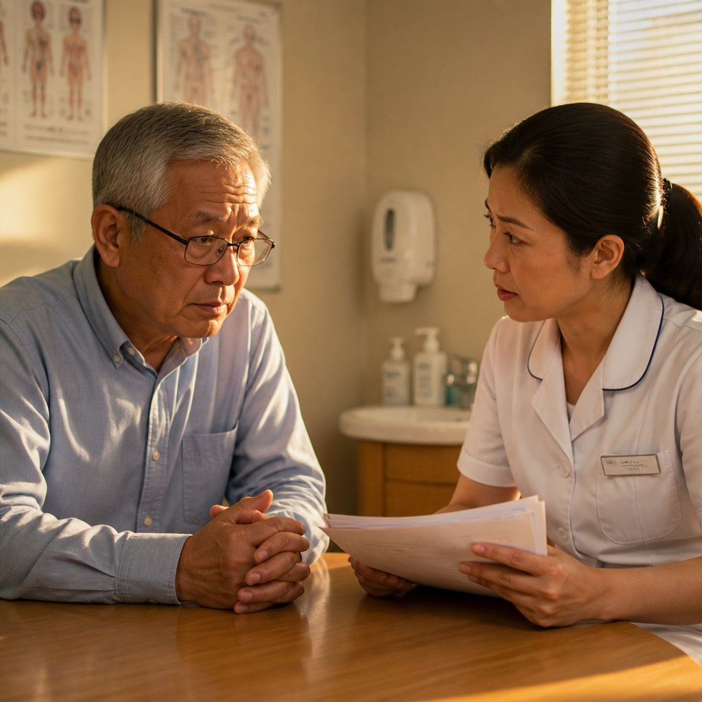 Older East Asian man in a clinical room speaking seriously with nurse holding paperwork.