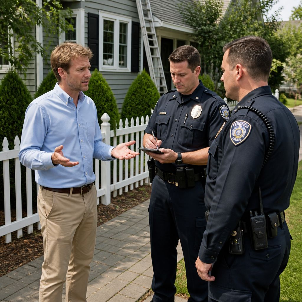 Man arguing calmly with police officers on suburban walkway, ladder against house behind them.