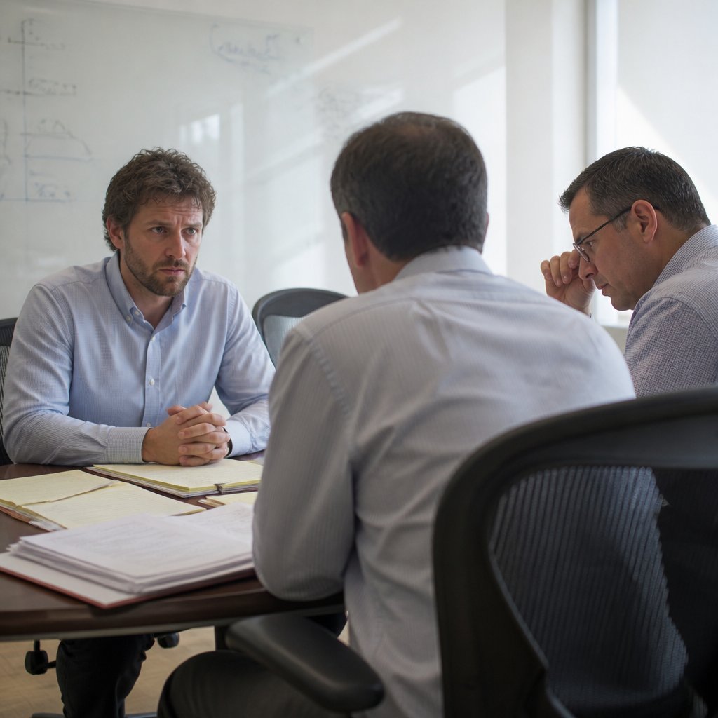 Protagonist facing defense attorneys across a cluttered conference table during deposition, tense expressions.
