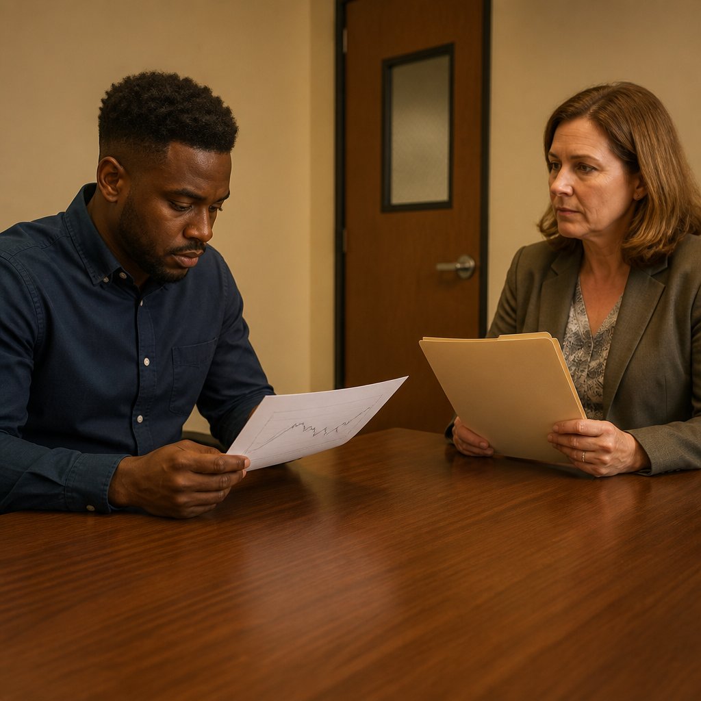 A Black man at an HR office table looking at a printed chart while an HR representative listens