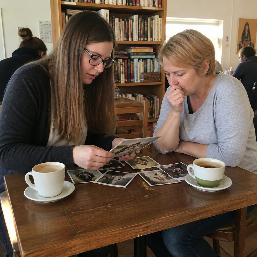 Two women discussing printed photos of taped alarm speakers over coffee in a small shop.