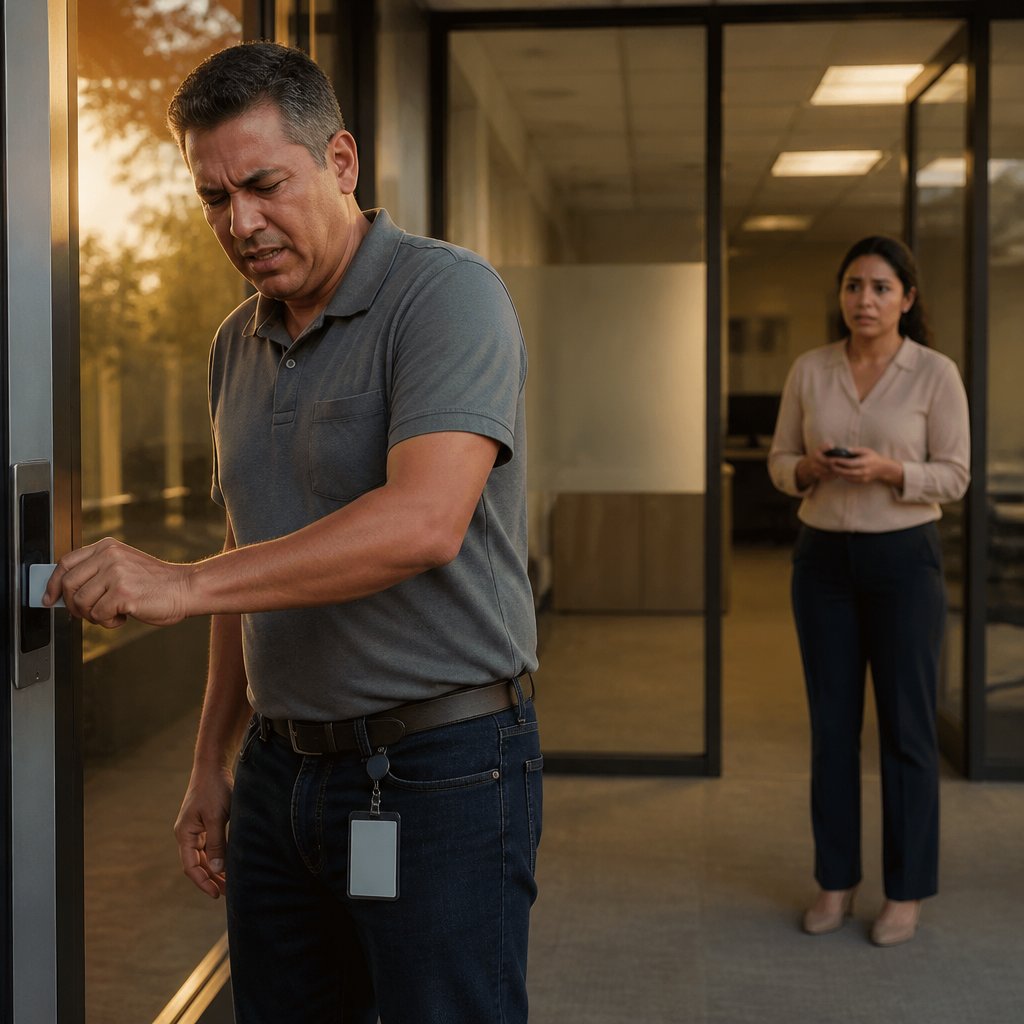 Man frustrated by locked badge door while woman anxiously holds phone near HR office.