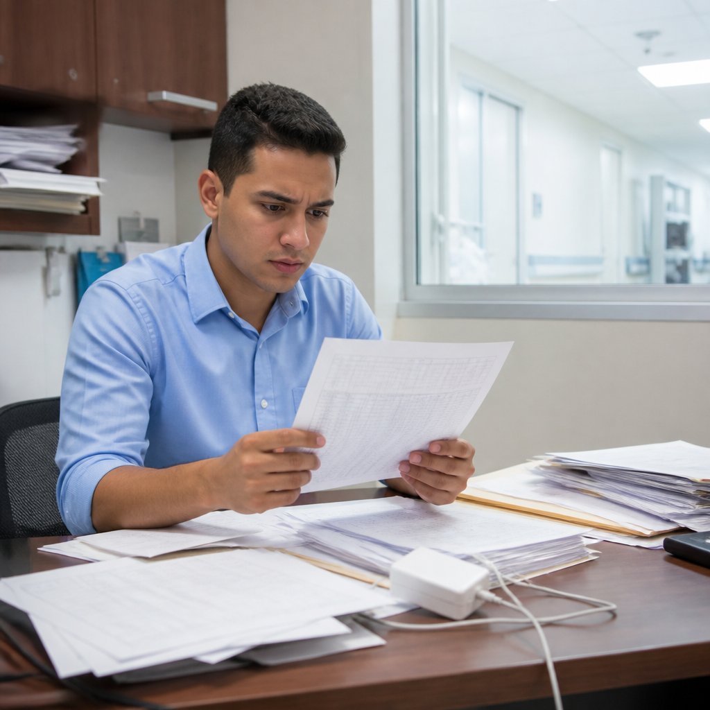 Young Latino man reviewing printed data spreadsheets in hospital office, focused and tense.