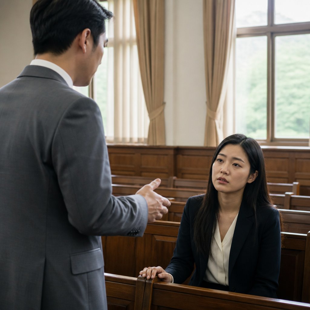 Woman sitting on courtroom bench listening intently to a lawyer speaking, looking tense and focused.
