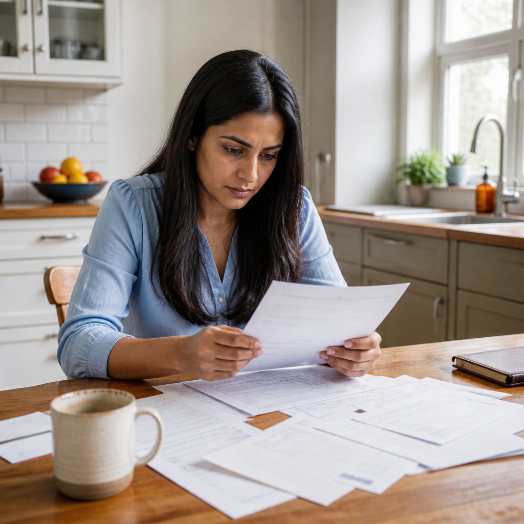 Woman reading official city documents at kitchen table with concentration.