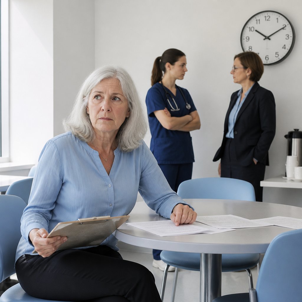A worried woman in a hospital break room reviewing papers with hospital staff in the background.