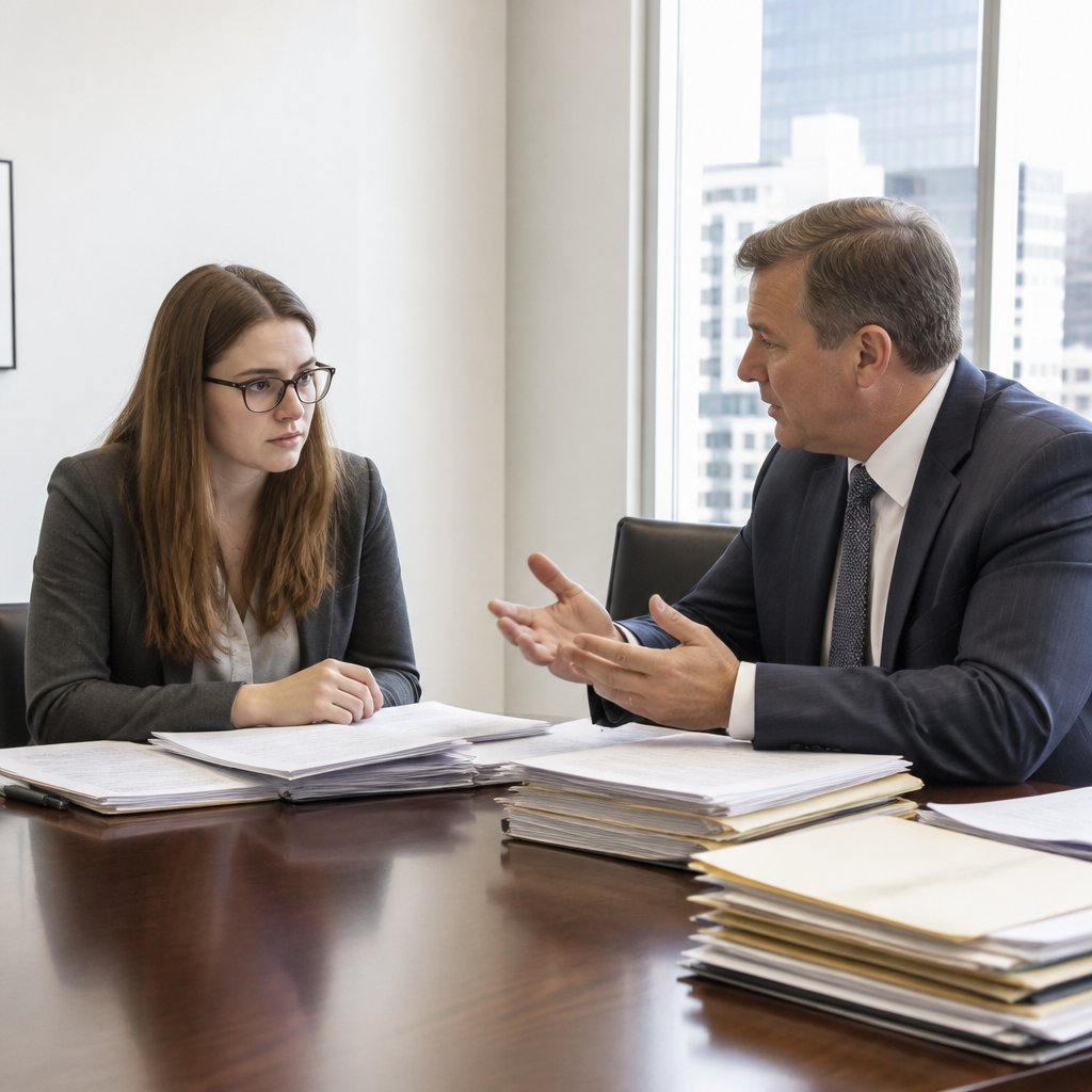 Young woman and man in a conference room discussing legal documents with anxious expressions.