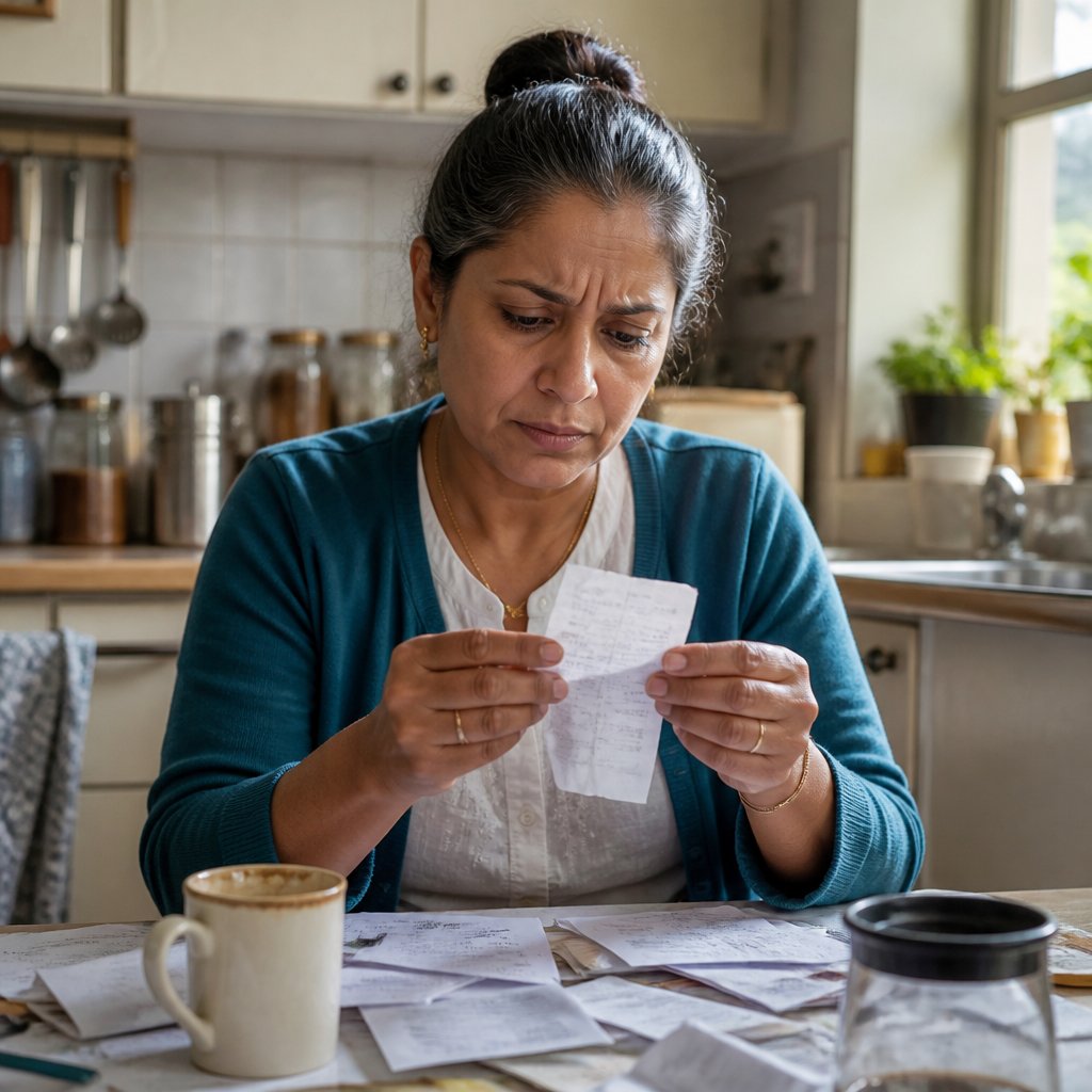 Middle-aged South Asian woman examining a printed receipt at her kitchen table, looking concerned.