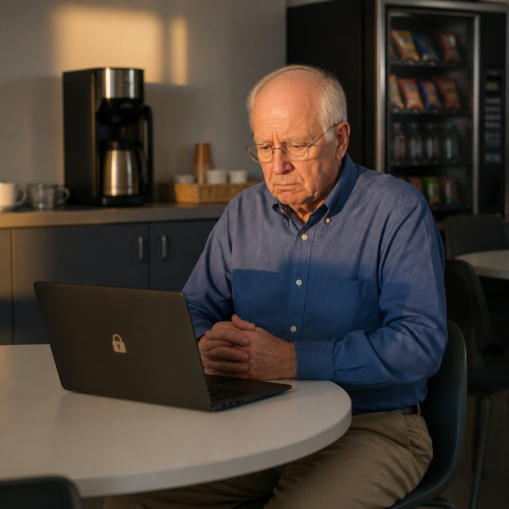 Older man with glasses in a break room staring at a locked laptop, looking worried.
