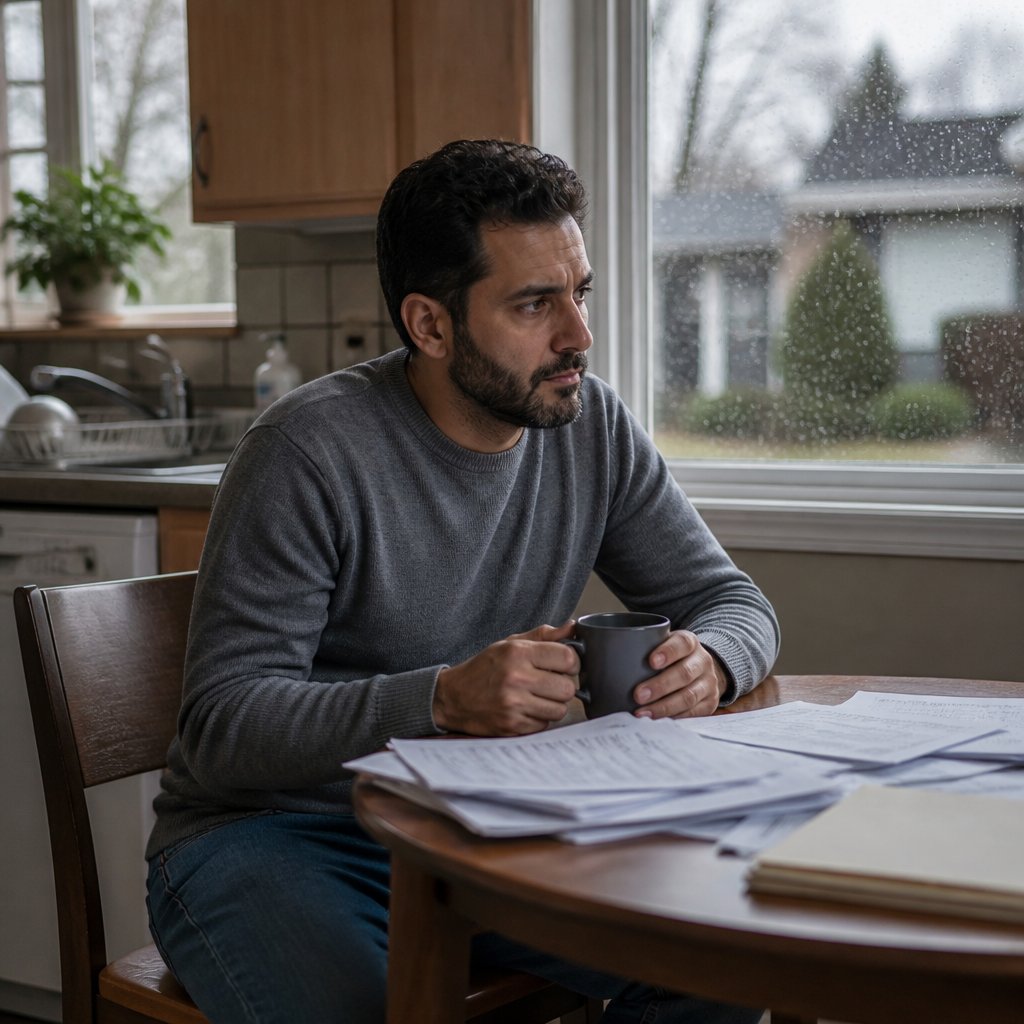 Man sitting at kitchen table holding coffee, looking tense and thoughtful with legal papers around him.