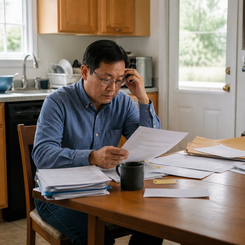 Man reviewing legal documents at kitchen table with coffee and papers
