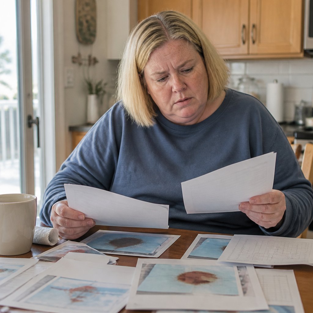 Woman reviewing medical records and photos at home kitchen table, looking concerned.
