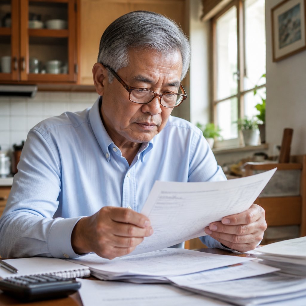 Older East Asian man examining a bank statement at a kitchen table with a thoughtful look.